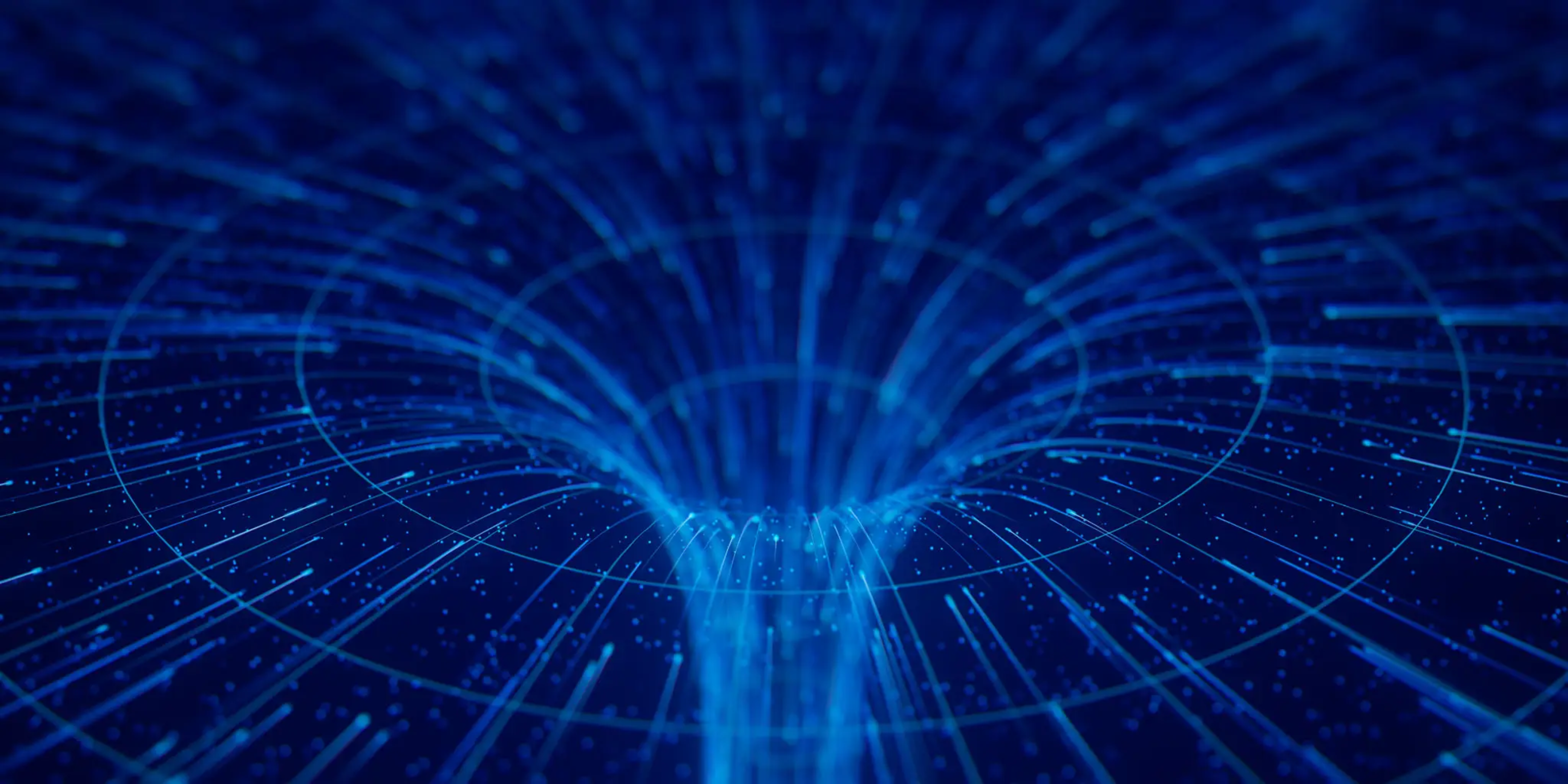 Blue cosmic funnel resembling a black hole, symbolizing the XRP token economy as a blockchain portal to digital assets and luxury marketplaces.