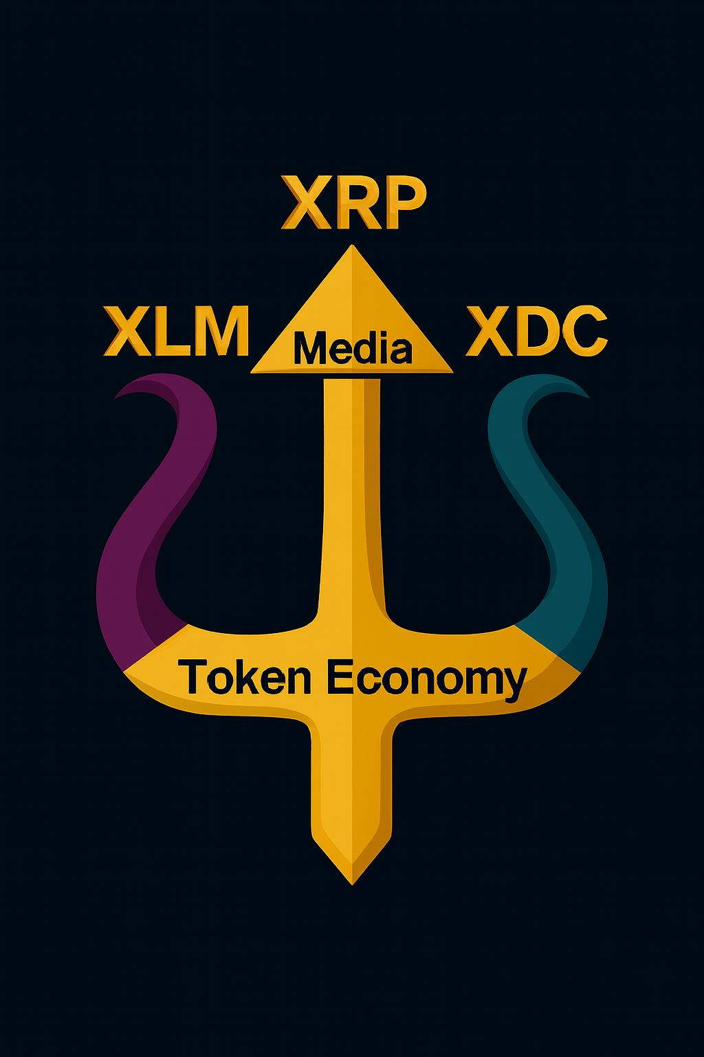 Trident diagram showing token paths for XRP, XLM, and XDC networks leading to tokenized assets. Gold center represents banks tokenizing assets. Left path in green for XLM, right path for XDC, top for XRP.